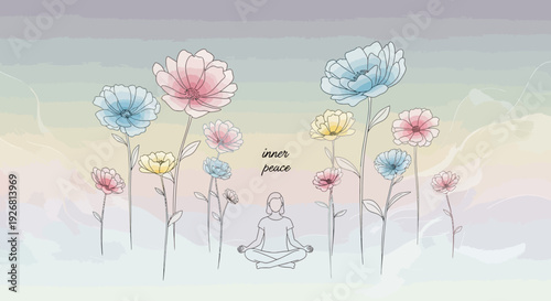 Delicate pastel flowers with mindful and peaceful concept background in soft watercolor inspired flat vector style. Elegant botanical composition featuring blooming florals and gentle typography space