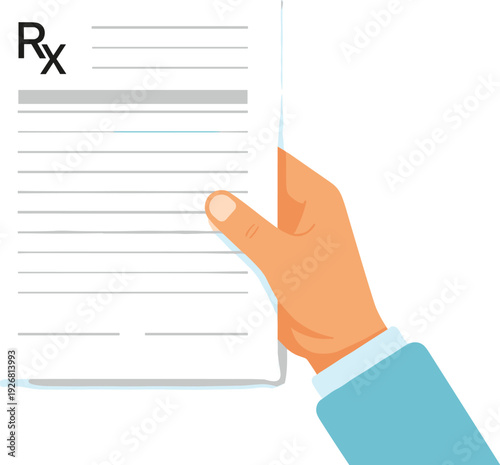 Medical Prescription Document Vector Illustration Featuring Hand Holding RX Paper for Healthcare, Doctor Consultation, Pharmacy, and Clinical Treatment Concepts