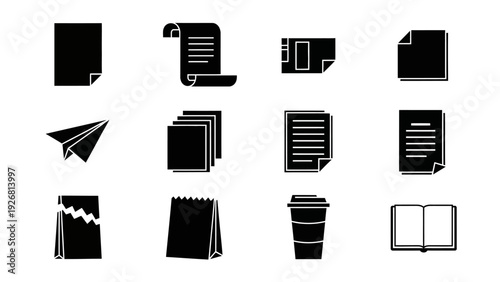 Collection of black icons representing various office and document related items.