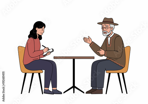 Reporter or young student conducting an interview with a senior man, capturing generational communication and knowledge transfer in vector style.