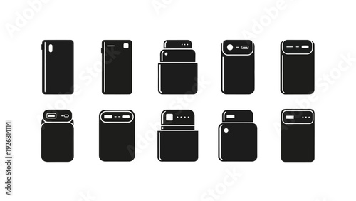 Collection of black mobile phone silhouettes in various orientations and angles.