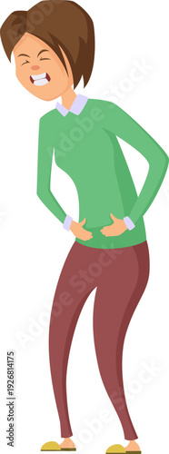Sick woman with abdominal pain. Painful illness icon