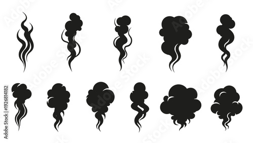 Collection of black silhouettes of smoke on white background.