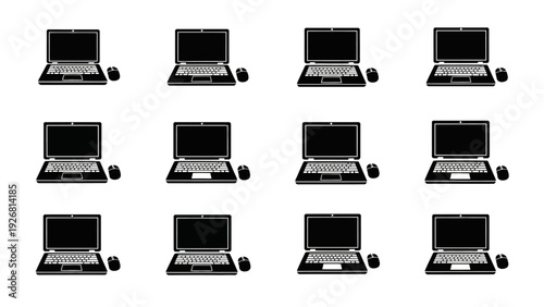 Multiple black laptops arranged in a grid pattern on a white background.