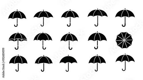Collection of various black umbrella icons on white background.