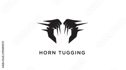 A dramatic black silhouette of two animals engaging in a fierce horn-locking duel, with the text 'HORN TUGGING' below, set against a clean white background.