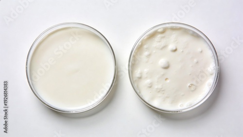 features a top-down view of two round petri dishes placed side by side on a plain white background. Both dishes contain a creamy white substance. The dish on the left has a smooth, uniform surface, wh