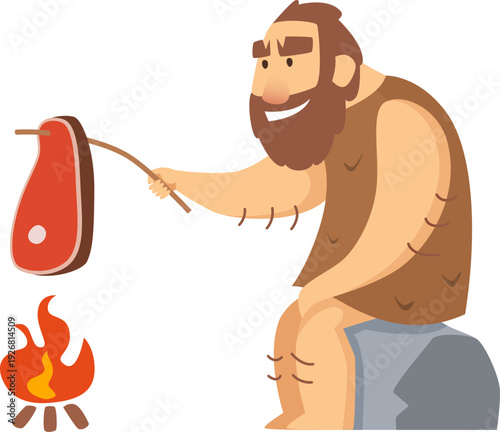 Caveman fry meat on bonfire. Prehistoric food preparation