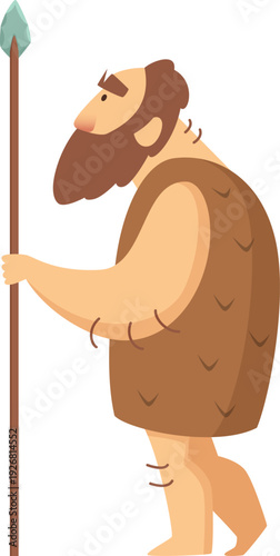 Ancient man with spear. Hunting caveman cartoon character