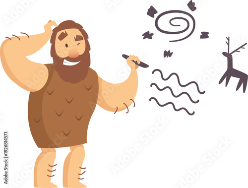 Prehistoric paintings creator draw on cave wall. Cartoon character