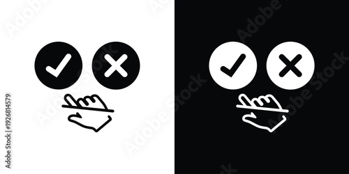 Hand silhouette interacting with check and x symbols, featuring a minimalist horizontal line. Ideal for digital contracts, e-signatures, and online form verification concepts.