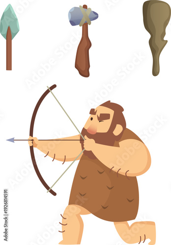 Prehistoric weapons. Cartoon caveman hunting with bow and arrow