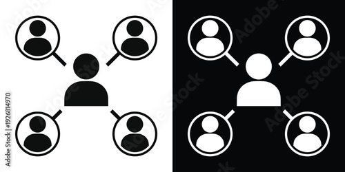 Central user icon connected to four surrounding profile circles. Perfect for social media networking, team hierarchy, community management, and distribution concepts.