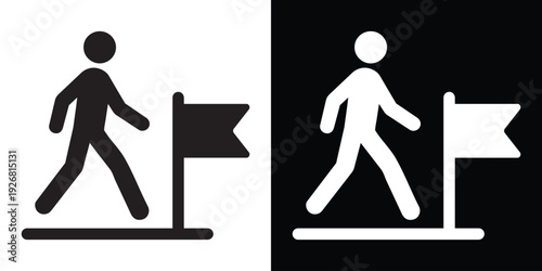 Walking person icon approaching a flag on a baseline. Represents reaching a destination, career milestones, personal progress, fitness goals, directional guidance, and successful completion.