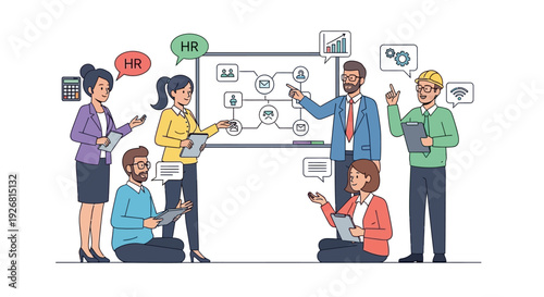 Diverse team collaborating on business strategy with whiteboard