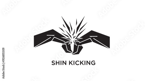 High-energy shin kicking logo featuring a stylized kick in black and white, representing martial arts and combat sports.