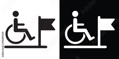 Icon of a person in a wheelchair reaching a finish line flag. Symbolizes accessibility goals, disability rights milestones, paralegal achievements, and inclusive success in sports or business.