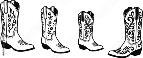 Western cowboy boots illustration collection featuring decorative leather footwear with floral and ornamental patterns isolated on white background for fashion design