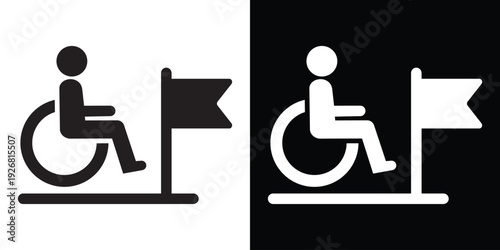 Icon of a person in a wheelchair reaching a finish line flag. Symbolizes accessibility goals, disability rights milestones, paralegal achievements, and inclusive success in sports or business.