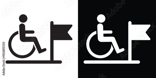 Icon of a person in a wheelchair reaching a finish line flag. Symbolizes accessibility goals, disability rights milestones, paralegal achievements, and inclusive success in sports or business.