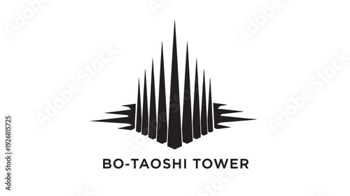 A minimalist black logo design featuring a stylized Bo-Taoshi Tower with sharp edges on a white background, conveying strength and modernity.