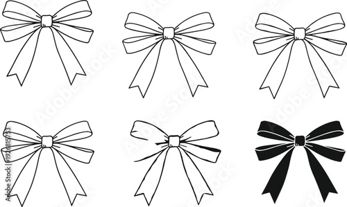 Collection of hand drawn decorative ribbon bow sketches featuring various tie styles and simple outlines isolated on white background for design