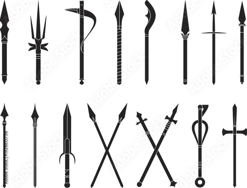 Medieval weapon silhouette vector set featuring spears, swords, maces, and polearms isolated on white background for fantasy, history, battle, and warrior design projects