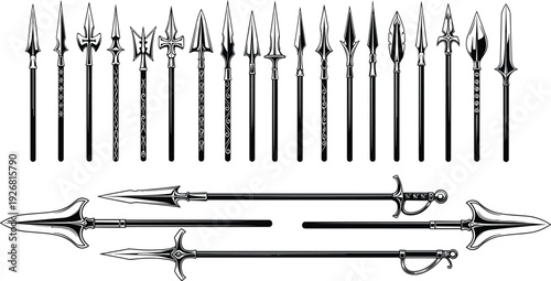 Medieval spear and halberd weapon silhouettes collection featuring polearms blades and historical arms isolated on white background fantasy warfare vector illustration set