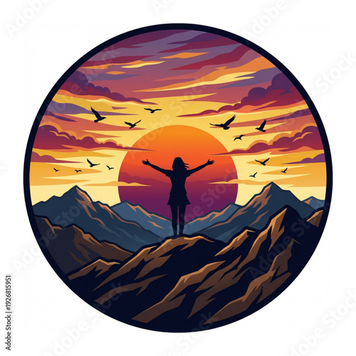 Embracing the Horizon: A person stands on a mountain summit, arms outstretched toward a vibrant sunset sky, surrounded by birds in flight, embodying freedom and boundless potential.