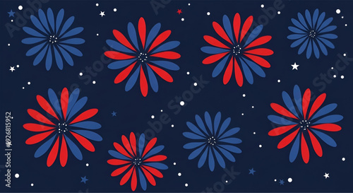 Abstract floral pattern with red and blue flowers and scattered stars