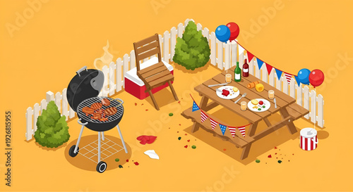 Isometric backyard picnic scene with barbecue grill and decorations
