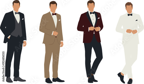Formal tuxedo menswear illustration, stylish men’s suits, modern fashion design, elegant attire, wedding tuxedo styles, professional wardrobe, lifestyle concept, fashion collection