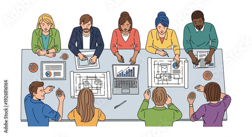 Diverse team collaborating on project with laptops and documents in modern office