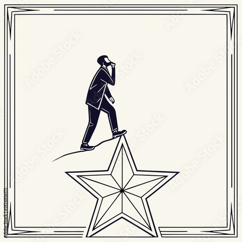 Man Standing on Star in Art Deco Frame - Success Concept