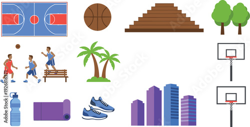 Outdoor Basketball Park Icon Set Featuring Street Court, Hoops, Players, City Skyline, Sports Gear, Nature Elements, and Urban Recreation Vector Design