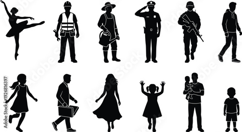 People silhouette collection featuring dancer worker farmer police soldier businessperson and family characters representing diverse professions and everyday lifestyles illustration