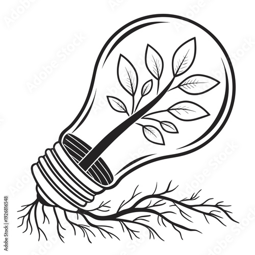 Light bulb with plant growing inside, black and white illustration silhouette