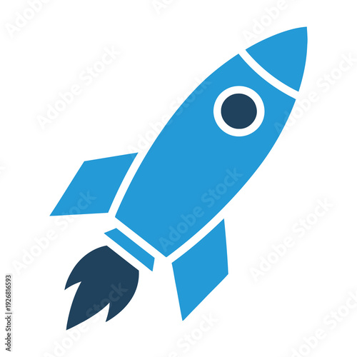 Blue rocket with pointed nose and stabilizing fins soars upward on white background symbolizing speed and innovation