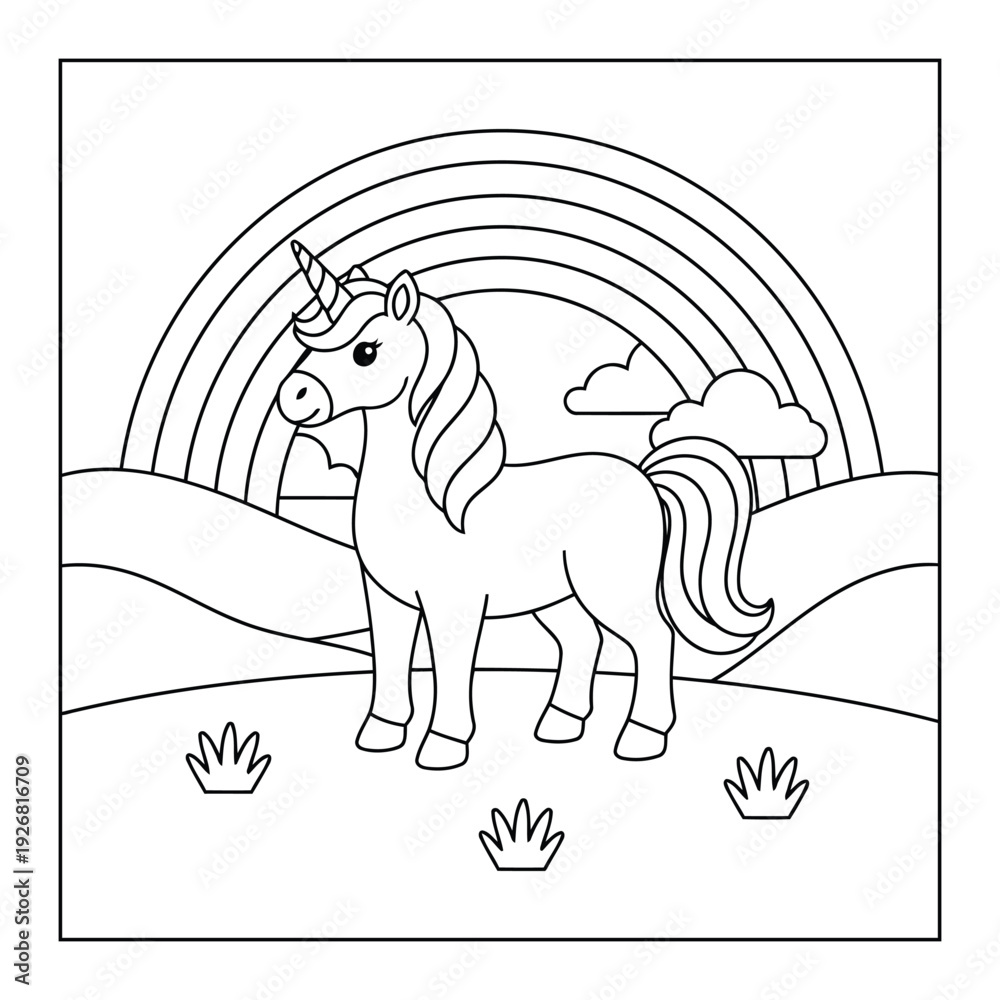 Fototapeta premium Coloring page of a cute unicorn sitting in a garden with tall flowers and butterflies