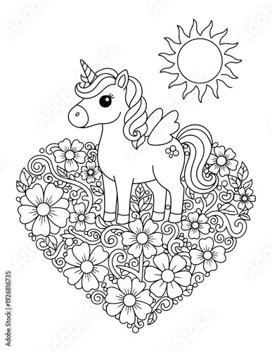 Coloring page of a cute unicorn character standing in a field with a rainbow and fluffy clouds