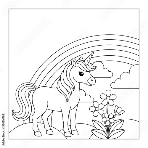 Coloring page featuring a cute unicorn character standing in a field with a rainbow and smiling sun