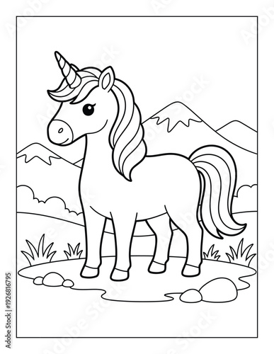 Coloring page of a cute unicorn character standing in a field of flowers under a smiling sun