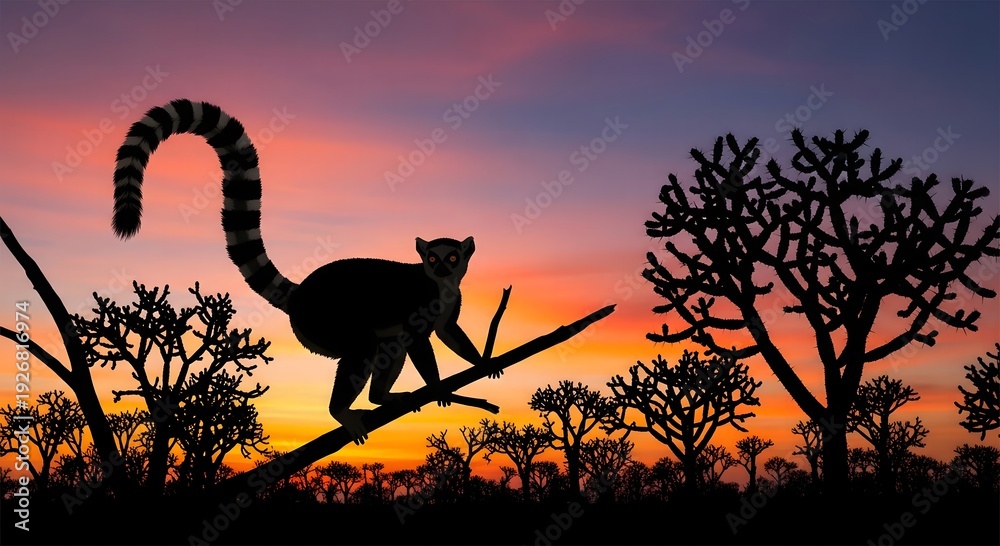 Obraz premium Silhouette of a ring-tailed lemur perched on tree branch against a colorful sunset sky