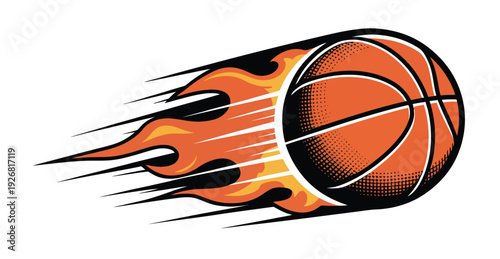 Basketball, in flaming fire, vector emblem logo template, dynamic sports design perfect for team branding, athletic events, sports merchandise, and energetic promotional projects.