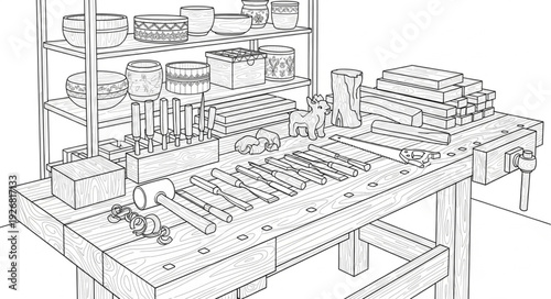 Detailed workbench illustration showcasing tools and equipment for various tasks and projects.