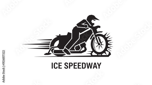 A dynamic black and white illustration of a motorcycle rider in action on an ice speedway track, conveying speed, skill, and competition.