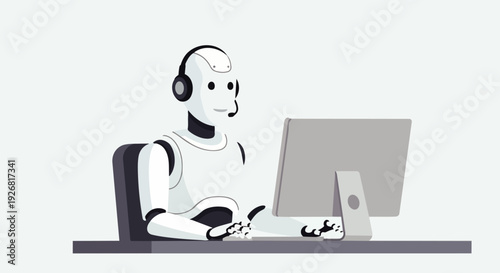 Flat vector illustration of artificial intelligence robot working on laptop and wearing headset in modern office workspace, artificial intelligence, business and automation concept.