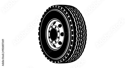 Detailed illustration of a heavy-duty truck tire, showcasing its intricate tread pattern and design.