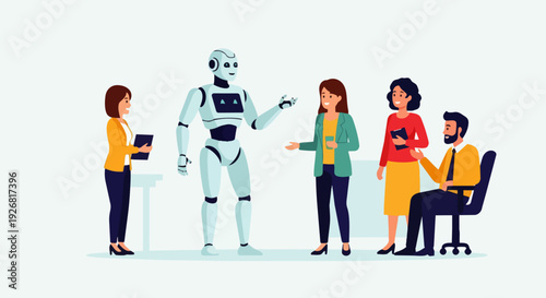 Modern flat vector illustration of a friendly AI robot casually chatting with a small group of people in an office environment. Ideal for AI Marketing, technology companies, and automation platforms.