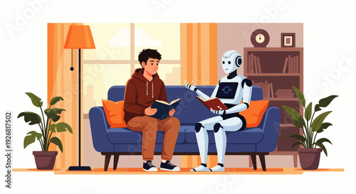 Flat vector illustration of a friendly AI robot helping a student study and read a book together on a couch. Concepts of artificial intelligence in education and human-robot interaction.